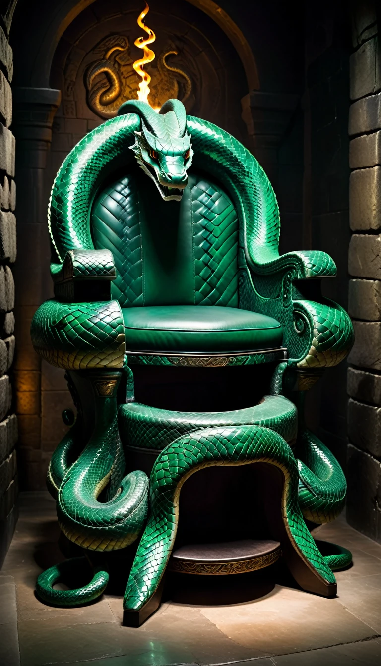 A sinister throne adorned with carved serpents, their eyes made of gleaming emeralds. The armrests are fashioned to resemble coiled vipers, ready to strike. The backrest is high and elegantly curved, covered in dark, scaled leather. The throne is set in a dimly lit chamber with stone walls covered in ancient snake motifs and flickering torchlight casting eerie shadows.