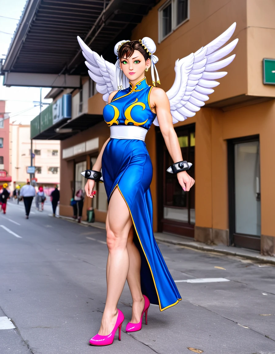 anime 4D Chun LI + Sakura girl sexy angels bright white wings big tits spiky mohawk hair dress V-cuts walking on a gloomy dark street in neon pink high heels scared style photo realism, fully detailed drawing in black and black and only the big green eyes 
