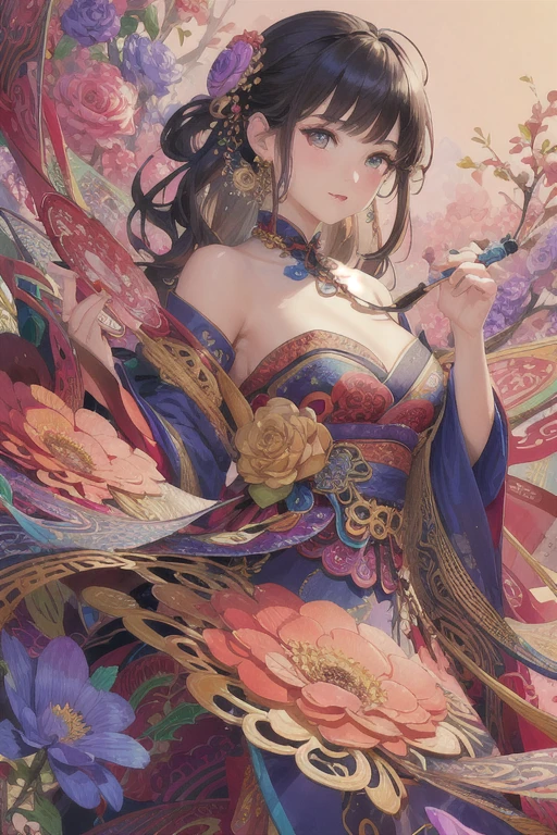 (masterpiece, Highest quality, Highest quality, Official Art, beautifully、aesthetic:1.2), (One girl:1.3), Very detailed,(Fractal Art:1.1),(colorful:1.1)(Flowers:1.3),Most detailed,(Tangled:1.2), (Dynamic pose), (Abstract background:1.3), (Chinese traditional cloth:1.2), (Shiny skin), (Many colors:1.4), ,(Earrings:1.4),