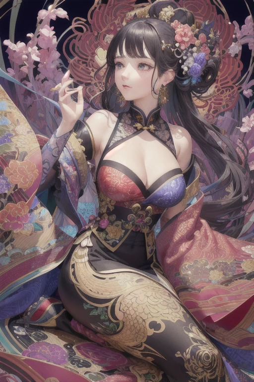 (masterpiece, Highest quality, Highest quality, Official Art, beautifully、aesthetic:1.2), (One girl:1.3), Very detailed,(Fractal Art:1.1),(colorful:1.1)(Flowers:1.3),Most detailed,(Tangled:1.2), (Dynamic pose), (Abstract background:1.3), (Chinese traditional cloth:1.2), (Shiny skin), (Many colors:1.4), ,(Earrings:1.4),