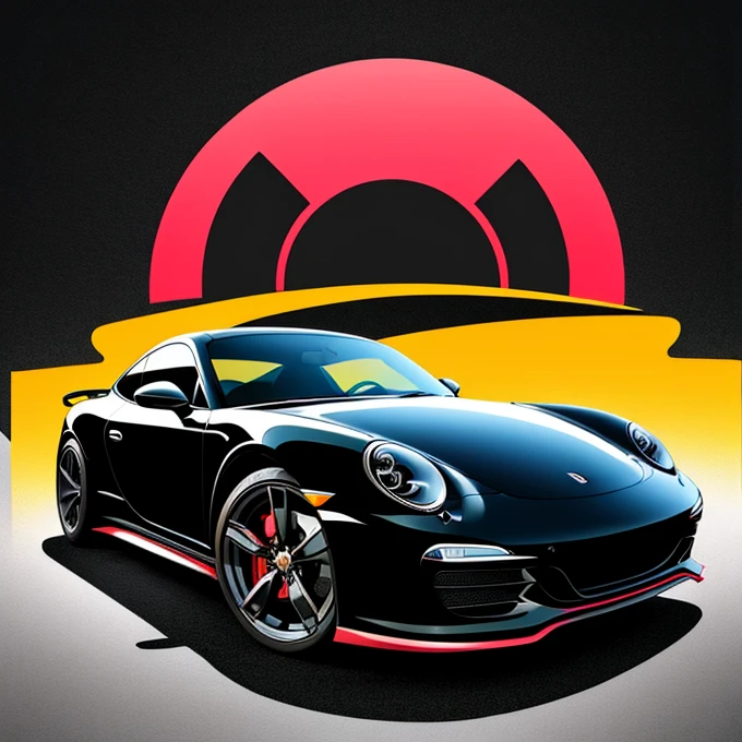 graphic design t-shirt, flat design, porche, two miami, colorful tones, clean highly detailed, vector image, photorealistic masterpiece, professional photograpy, realistic car, Simple sunrise background for car, flat black backdrop, isometric , bright vector ((black backdrop))