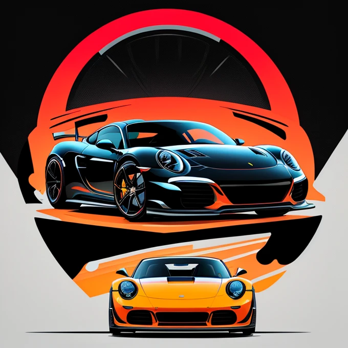 graphic design t-shirt, flat design, porche, two miami, colorful tones, clean highly detailed, vector image, photorealistic masterpiece, professional photograpy, realistic car, Simple sunrise background for car, flat black backdrop, isometric , bright vector ((black backdrop))