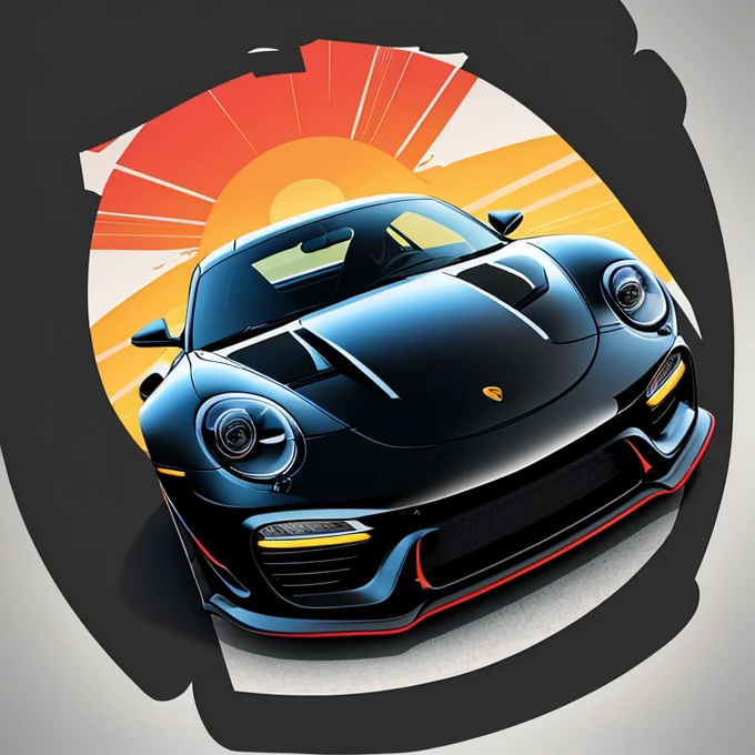 graphic design t-shirt, flat design, porche, two miami, colorful tones, clean highly detailed, vector image, photorealistic masterpiece, professional photograpy, realistic car, Simple sunrise background for car, flat black backdrop, isometric , bright vector ((black backdrop))