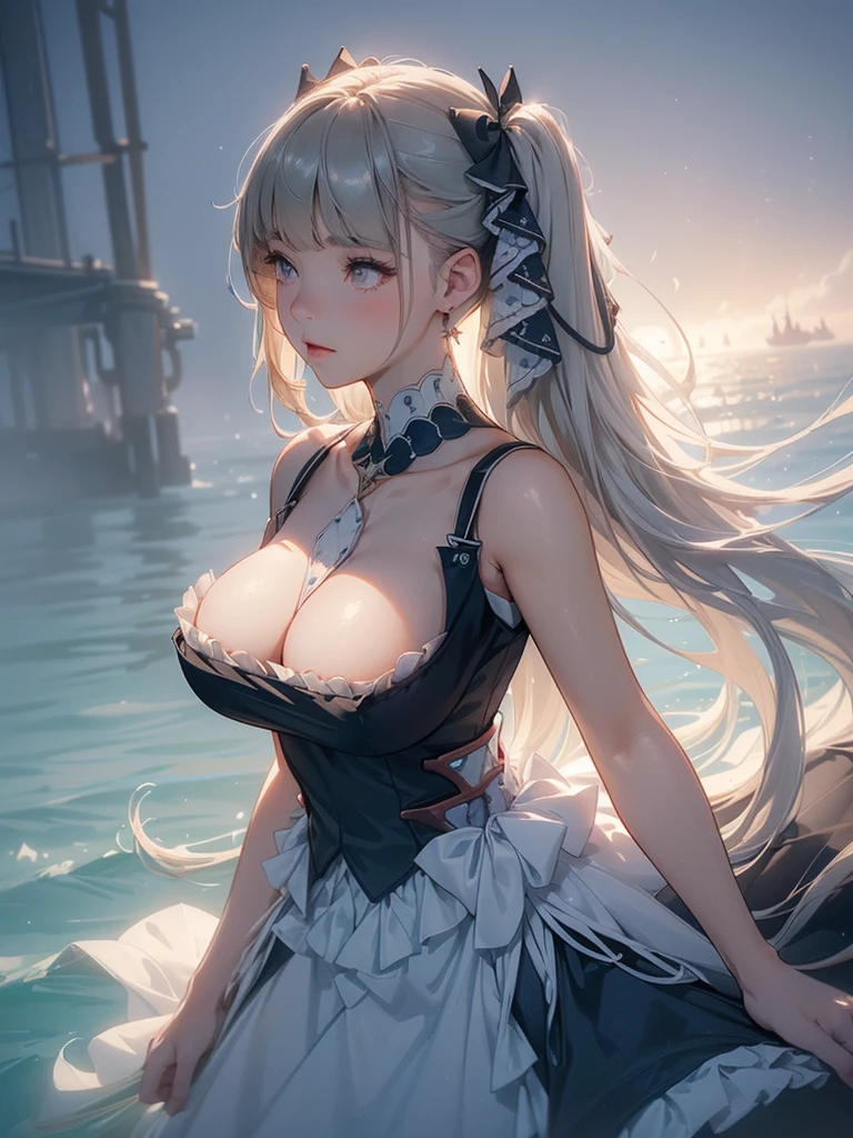 ((dress_default, terrific_default)):1.5,((独奏, 1girl)) ((masterpiece,Highest quality,Highly detailed images,Beautiful images、Realistic、Dutch Angle)), (Bright lighting overall、Backlight、A fantastic atmosphere、Thick Fog、Dust flutters),(Dynamic pose、Beautiful cleavage、large breasts)1.2, ((Ocean、On the boat:1.2))