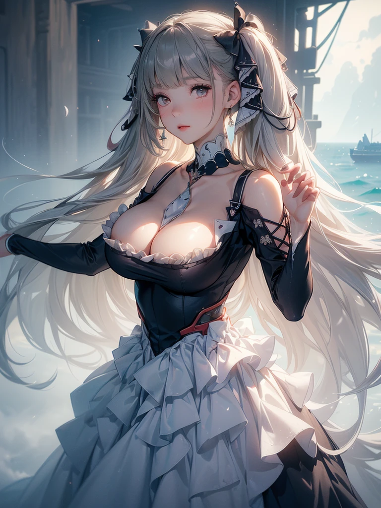 ((dress_default, terrific_default)):1.5,((独奏, 1girl)) ((masterpiece,Highest quality,Highly detailed images,Beautiful images、Realistic、Dutch Angle)), (Bright lighting overall、Backlight、A fantastic atmosphere、Thick Fog、Dust flutters),(Dynamic pose、Beautiful cleavage、large breasts)1.2, ((Ocean、On the boat:1.2))