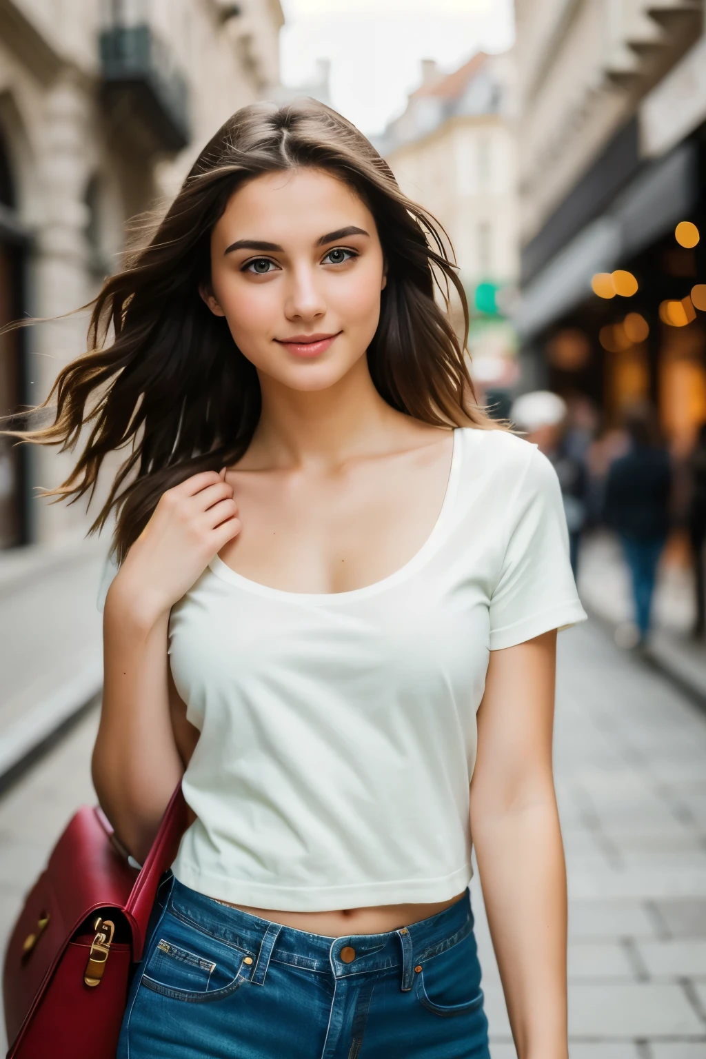 Cute beautiful sexy European light-green-eyed brunette, 22 years old, front face t, stream, , innocent face, face-length 1.3 times the face-width, almond-shaped eyes, squared face-shape, high cheekbones, naturally wavy hair, light-green eyes, high-res, masterpiece, best quality, intricate details, very detailed, sharp focus, detailed skin, realistic skin texture, texture, detailed eyes, professional, 4k, charming smile, shot with Canon, light depth of field, Kodak Vision color, perfectly fitting body, extremely detailed, photo_\( ultra\), photorealistic, realistic, post processing, maximum details, roughness, real life, ultrarealistic, photorealism, photography, 8k UHD, photography, walking on street, handbag, jeans, top,full body image,