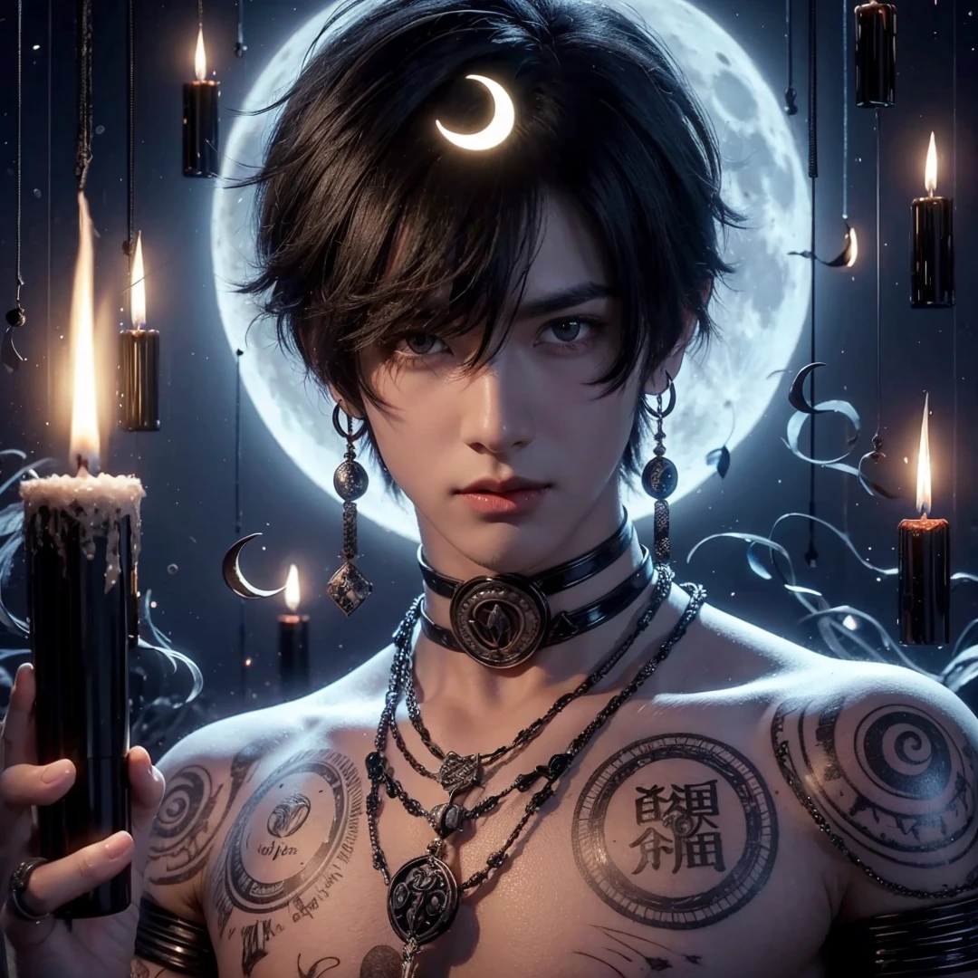 Handsome boy, black hair, bright white eyes, crescent moon on his head, holding black candle, full moon background
