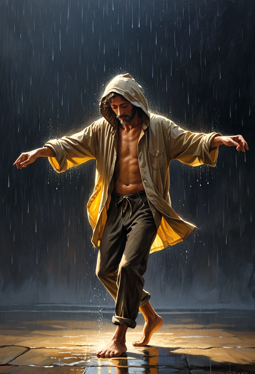 Soul Dancer Mark,A homeless man dancing alone in the rain，Barefoot，Loose and worn clothes，Light and Shadow，Particle oil painting，Minimalism，artistic conception，