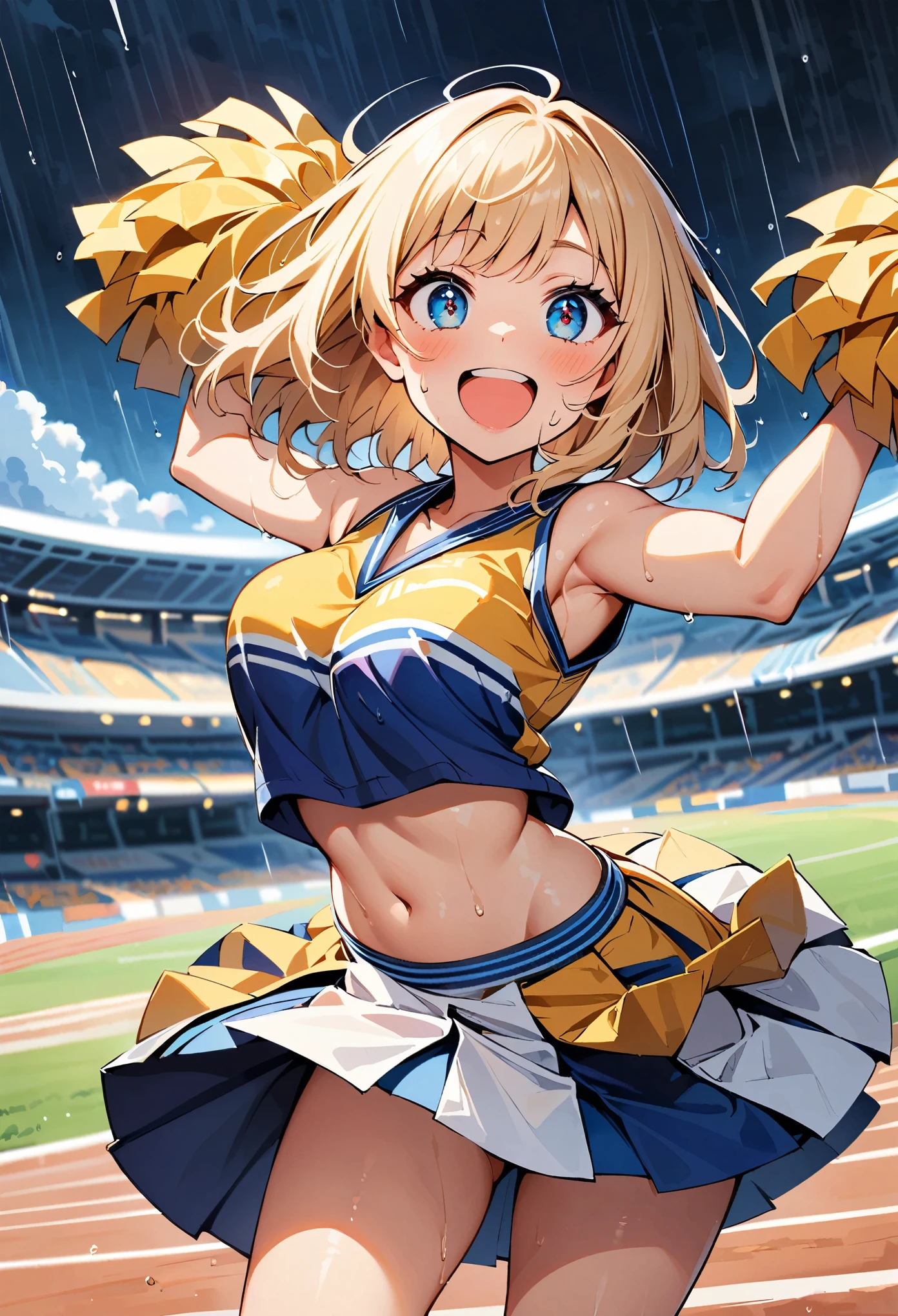 (in the rain:1.4)ダンスをするCheerleader:1.1, ((1 female)), erotic, Dance Motion, Full body view, joy, Excited, Sweat, Cheerleader, Fine and beautiful eyes, Beautiful lip detail, Highly detailed eyes and face, Long eyelashes, Calm expression, Soft lighting, Open atmosphere, Stadium, Sweatを流して.