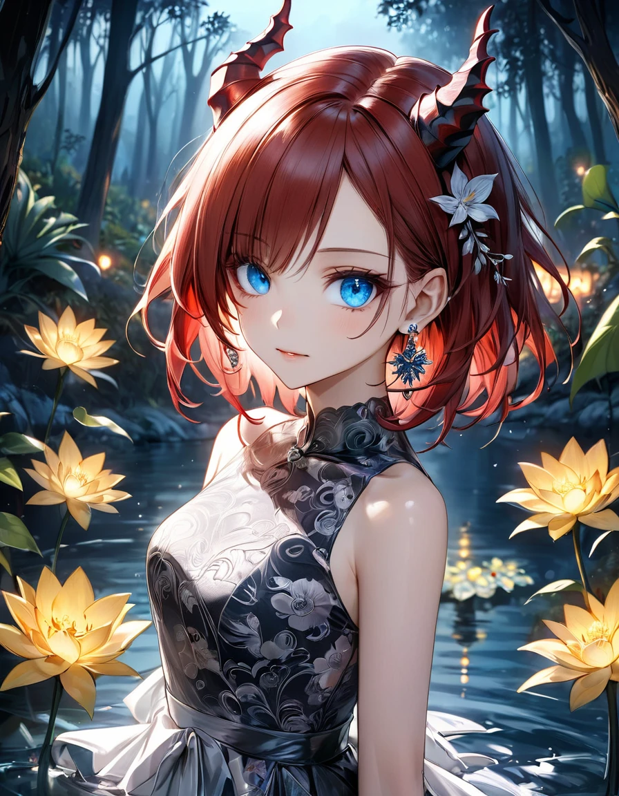 Girl, cute, short raspado baixo molhado com gel black red hair, dragon horns, hair diamond , blue eyes, fair skin, smooth, metal earrings, patterned Nordic evil face + tatuagem de estrela em volta dos olhos, head raised, elegant standing, stunning beauty, pure perfection, night, On the water, half body, forest, depth of field, glowing flowers and plants, staring at the camera, two-dimensional desenho a lápis 8b giz de cera em grafite perfeito riscos fortes indos style