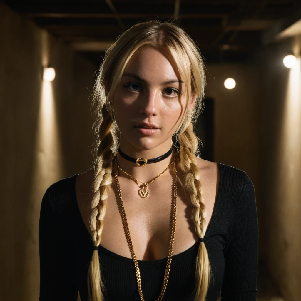 portrait photo of a sultry blonde woman in pigtails looking at viewer, wearing choker and simple gold link necklace, in basement, (masterpiece, extremely detailed skin, photorealistic, heavy shadow, dramatic and cinematic lighting, key light, fill light)