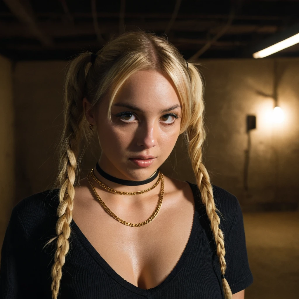 portrait photo of a sultry blonde woman in pigtails looking at viewer, wearing choker and simple gold link necklace, in basement, (masterpiece, extremely detailed skin, photorealistic, heavy shadow, dramatic and cinematic lighting, key light, fill light)