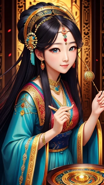 masterpiece, Highest quality, , a bit、 Beautiful Goddess、Fortune telling, Highly detailed realistic eyes, Happy, Vibrant, colorful,