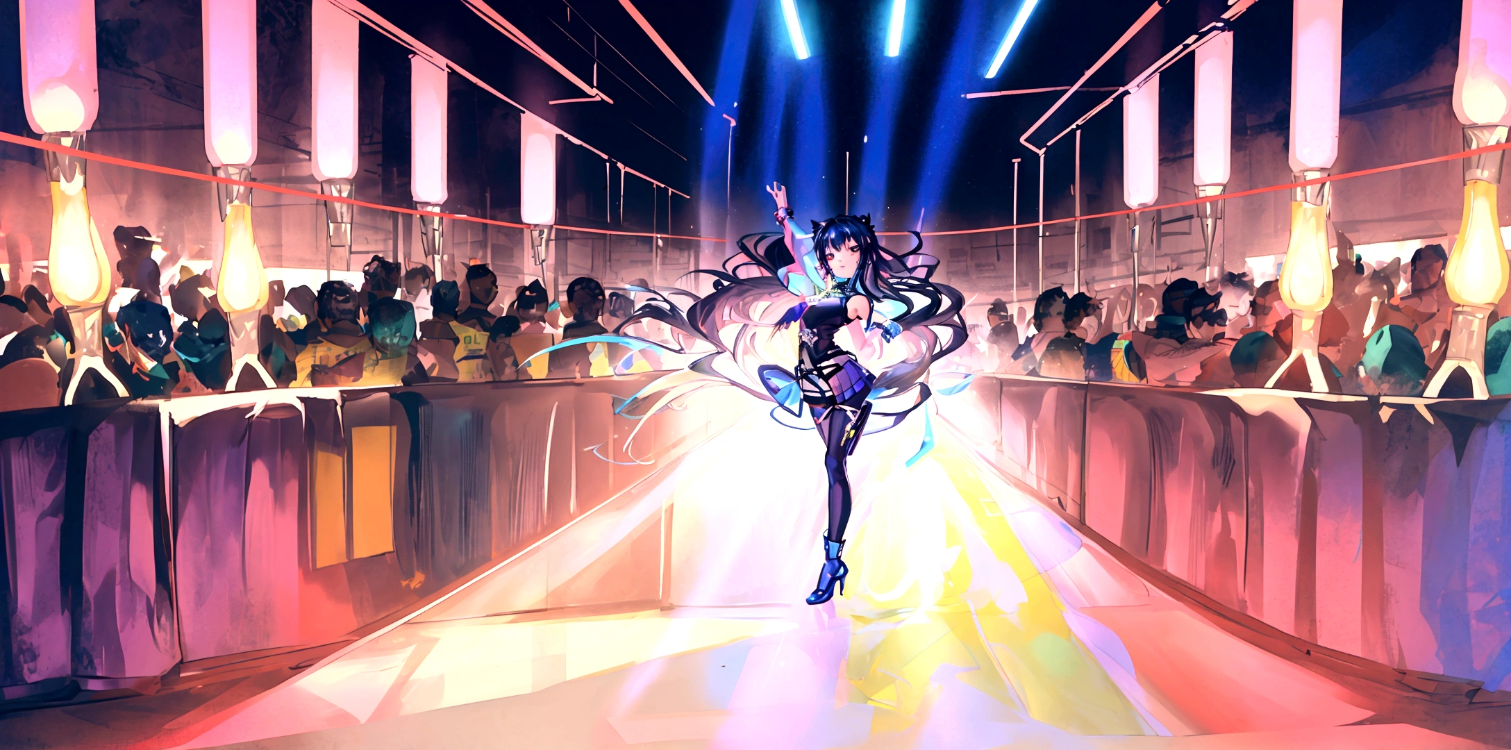 An anime-style vibrant dance hall with only one person dancing joyfully under colorful lights. The atmosphere is electric, with neon lights and a disco ball casting dynamic patterns across the floor. The dancer is dressed in a stylish outfit, moving energetically to the music. The walls are adorned with bright, colorful decorations, and the overall mood is festive and exhilarating. The dance floor is spacious, and the energy of the single dancer is palpable as they enjoy the night.