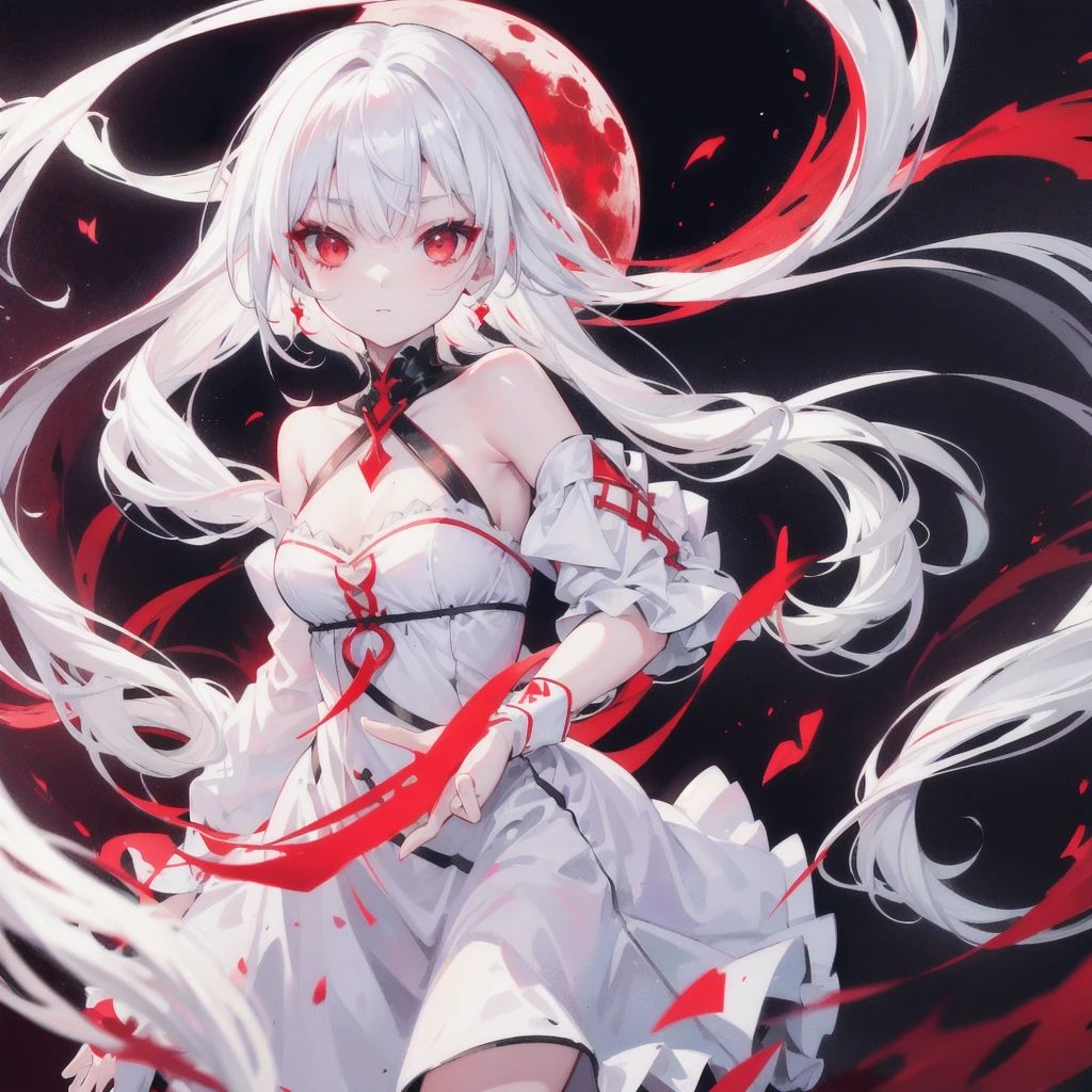 White Hair Girl, Red eyes, vampire, dress, Off the shoulder, Red Moon, Midnight