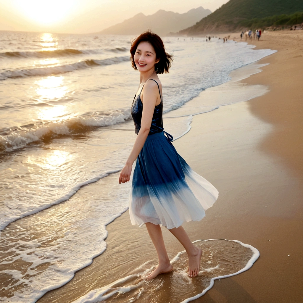 sunset on the beach，바다에 잔광이 비치네sunset on the beach 붉은 태양，A strong lingering scent is reflected in the sea., Beautiful 46-year-old short Korean woman, Chest size 34 inches, Wear sleeveless, light skirt. beautiful pretty woman look , wearing a light skirt , Go far into the sea water and dip your toes., Short medium hair blowing in the wind, 1 short woman, beautiful eyes, a little smile, Full-body photo taken from afar with a wide-angle lens, The background is clean and perfect., waves moved by the wind, best high definition