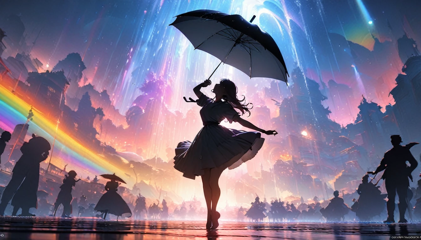 (best quality,8k,highres, masterpiece:1.2), ultra-detailed, HDR, UHD, studio lighting, ultra-fine painting, sharp focus, physically-based rendering, extreme detail description, professional, vivid colors, concept artists, warm color palette, dramatic lighting,Pouring rain, man dancing with an umbrella, rainbow in the sky, (silhouette art)