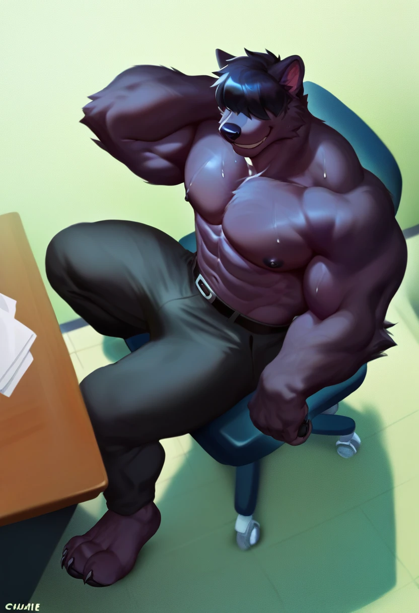 digital anime, score_9, chunie, darkgem, zoroj, lineart, warm tones, portrait, from above, sidelighting, dim light particles 1boy, black panther, furry, solo, paws behind head, paw pads, sitting behind desk, black fur, sweat, muscular and thick, thighs in pants, (long waist length black hair flowing), (bangs over eyes), smirking, office cubicle, white office clothes, black pants, vivid tie indoor, desk, chair, closeup,