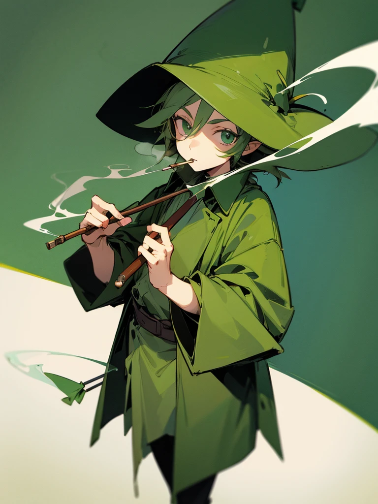 Snufkin, young man, green coat, green pointed hat, smoking pipe
