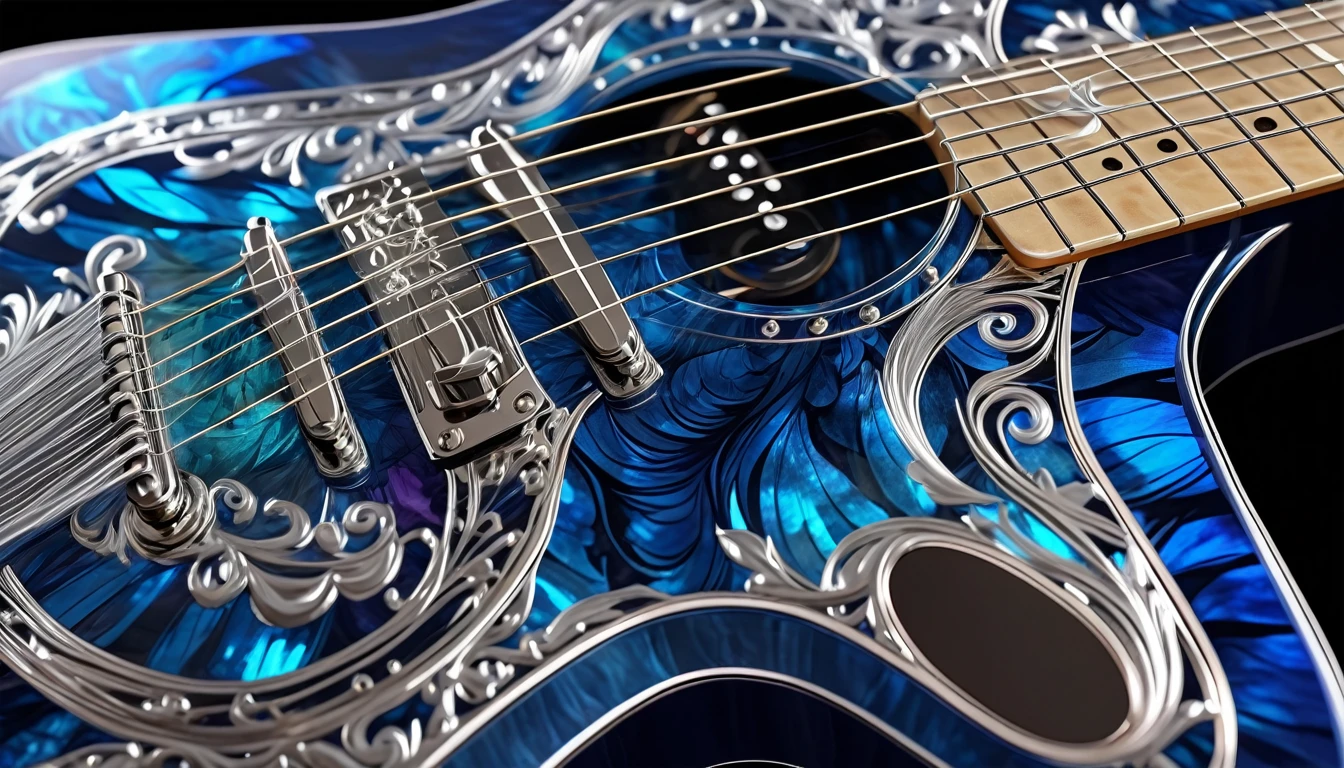 Shiny burst shred intricate detail sleek transparent sapphire guitar closeup, Wrapped in vibrant translucent floral swirls, chromium, 8K, Specular Highlights,
