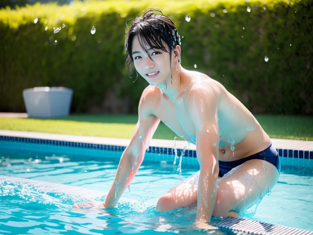 Sultry summer、、Summer swimming pool、Get wet all over、Japan Boy、Glowing water splashes、Beautiful boy's skin、Boy playing in water、The happy boys、Strong sunlight、Short sleeve gym uniform、Blue shorts、barefoot,Boys only 、10age、high resolution、masterpiece