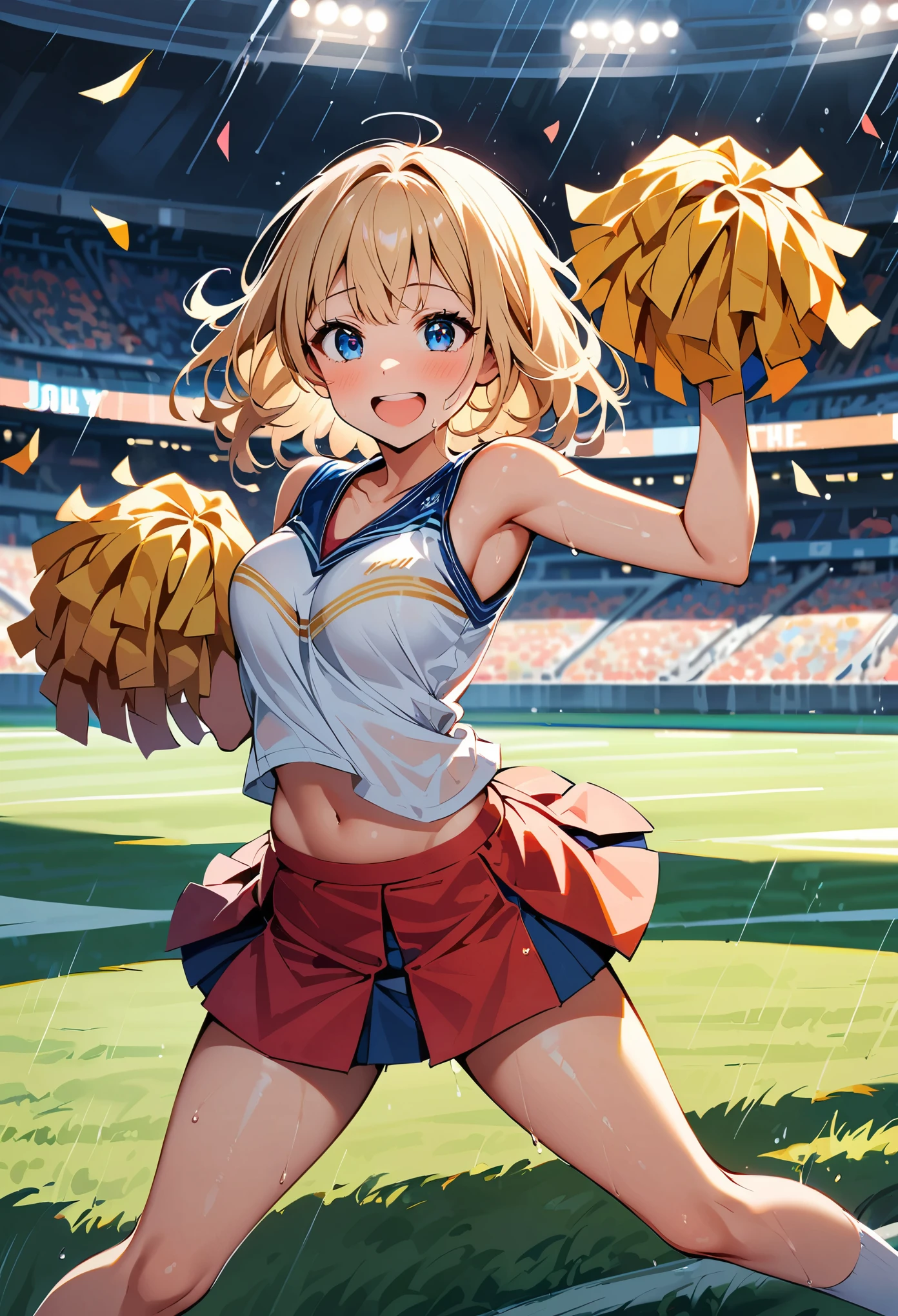(in the rain:1.4)ダンスをするCheerleader:1.1, ((1 female)), erotic, Dance Motion, Full body view, joy, Excited, Sweat, Cheerleader, Fine and beautiful eyes, Beautiful lip detail, Highly detailed eyes and face, Long eyelashes, Calm expression, Soft lighting, Open atmosphere, Stadium, Sweatを流して.