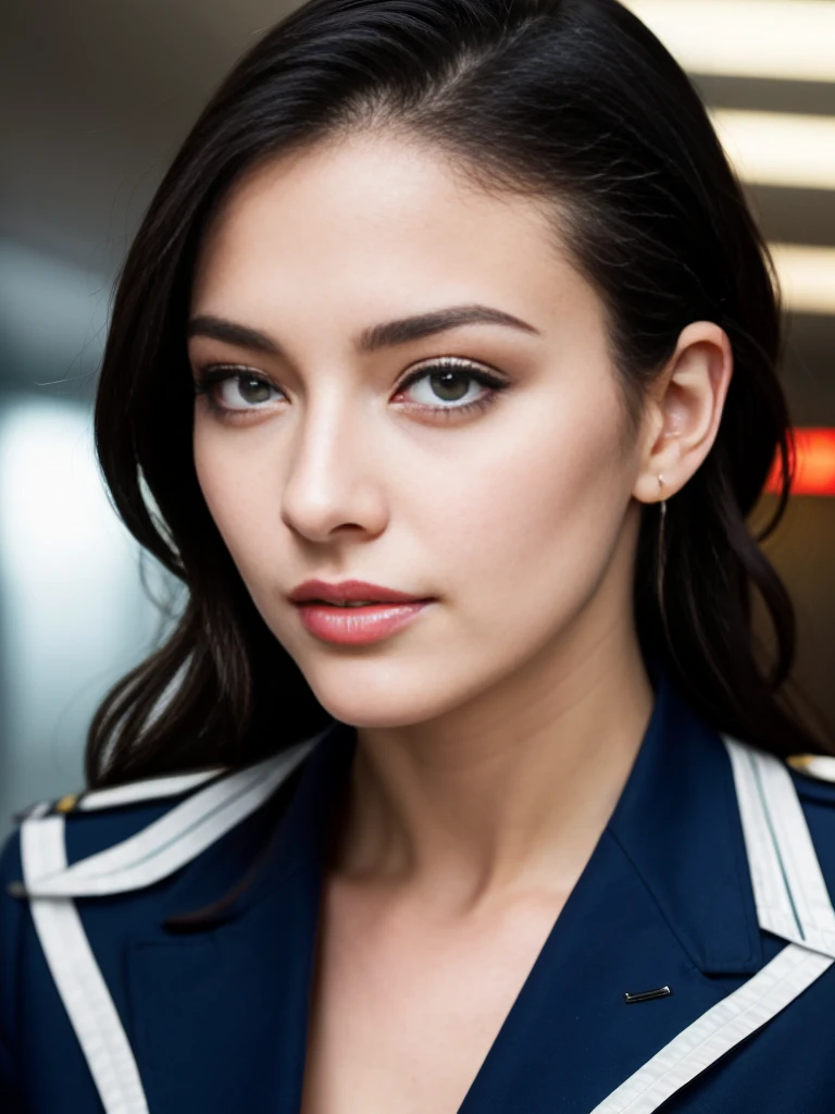 masterpiece, high-detail, the most erotic airline stewardess in the world, legs, (UHD, 8K wallpaper, High resolution), Cinematic lighting, physically-based rendering, award-winning, extremely detailed skin, extra detailed face, high detail eyes, Carl Zeiss 85 mm F/1.4, by Ellen von Unwerth