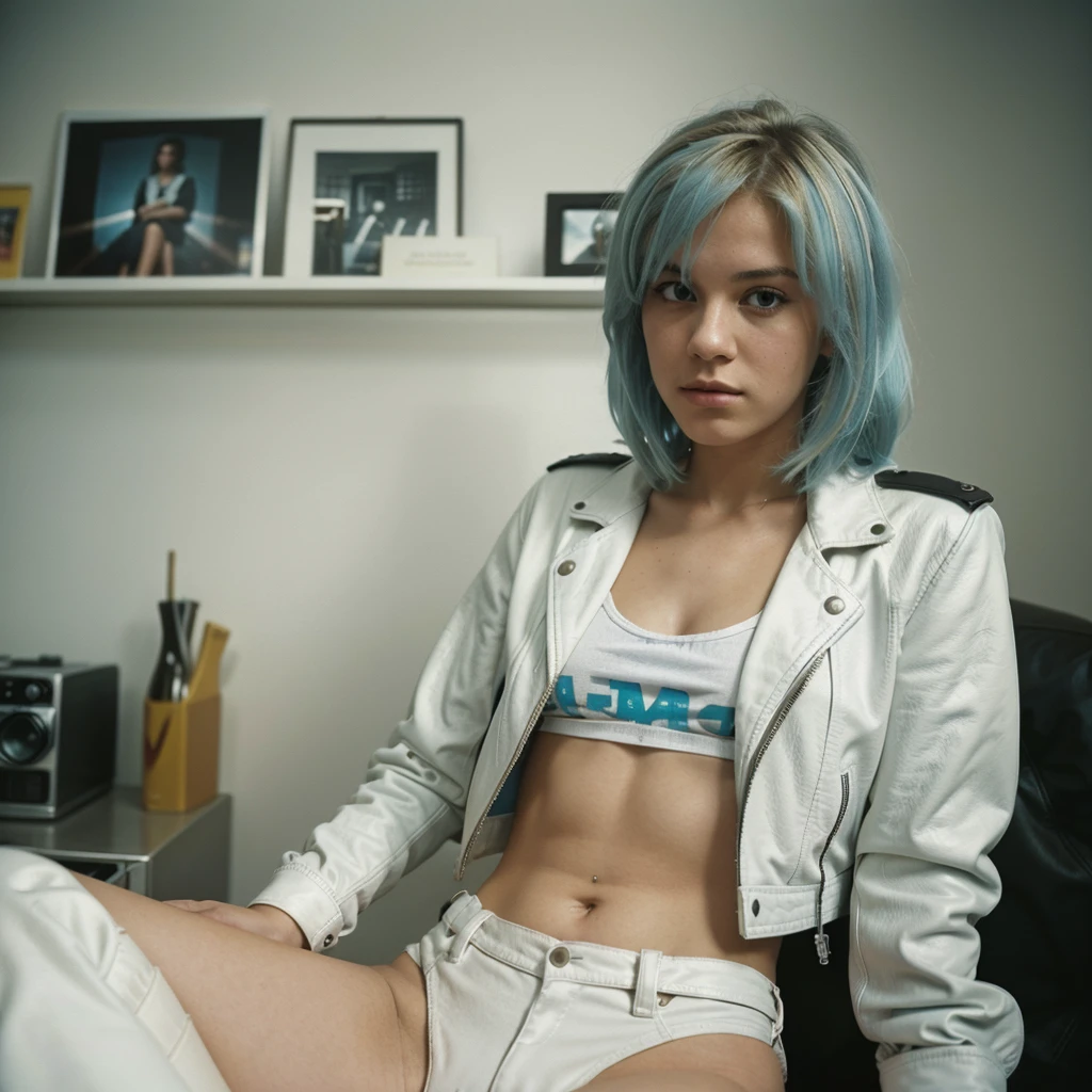 1980s Kodak photo of a young 20 year old rock girl with blue blonde hair wearing a white shirt and black leather jacket, in a german apartment, photography by nan goldin, by william eggleston, faded, film grain, cross processed image