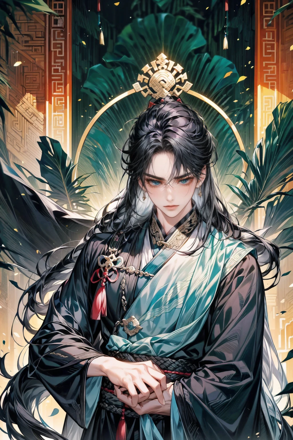 1 boy holds a Ogi Fan in his hand, long black hair,black hair, thick hair, thick black long hair,green dress,alone,bamboo,slim figures, ancient chinese house,(nighttime:1.2)long white hair, blue eyes,Chinese folk tales,Swordsman,savant,wise man