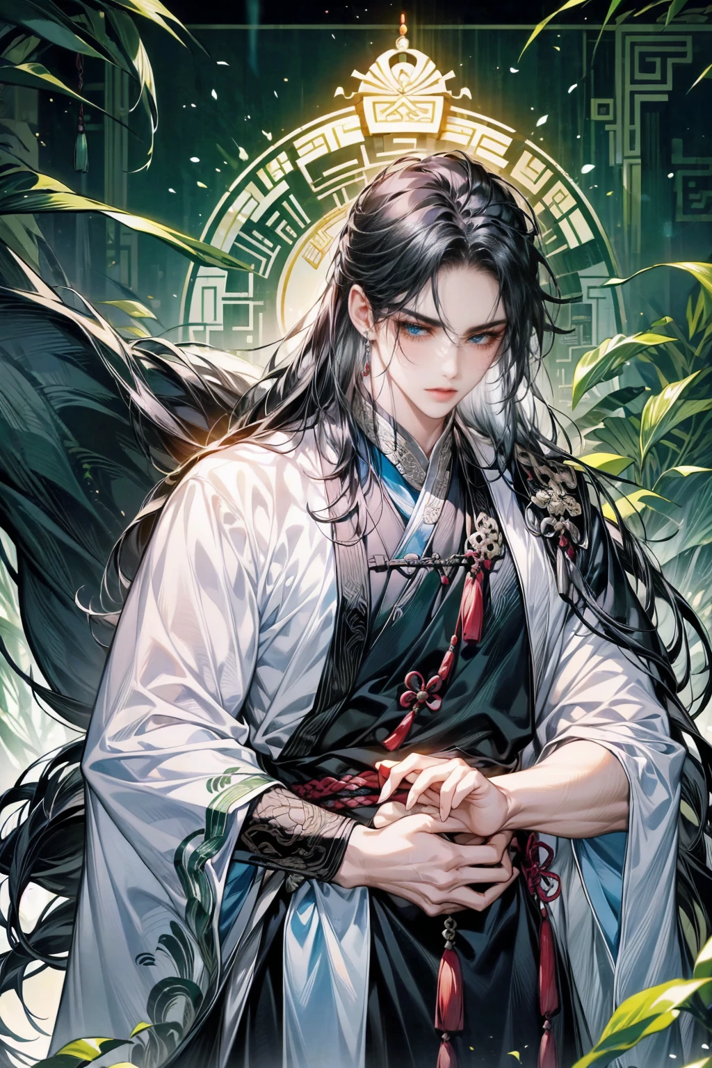 1 boy holds a Ogi Fan in his hand, long black hair,black hair, thick hair, thick black long hair,green dress,alone,bamboo,slim figures, ancient chinese house,(nighttime:1.2)long white hair, blue eyes,Chinese folk tales,Swordsman,savant,wise man
