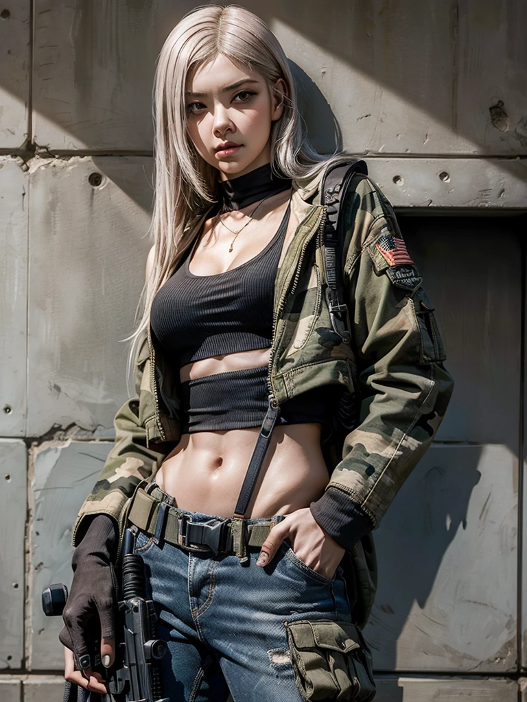 A young woman stands defiantly against a gritty urban landscape, her hand resting confidently on her hip as she gazes directly into the lens. Her bold camouflage attire, showcasing toned midriff and cleavage through strategically placed cutouts, is paired with a utility belt and gun holster, conveying a sense of readiness. The weathered concrete wall behind her is punctuated by steel beams and the distant hum of machinery, setting the industrial tone of the cityscape.