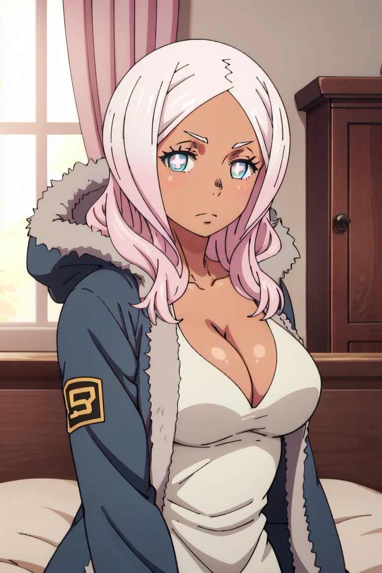 mature female, mature, adult, eft_FireForce_Hibana, 1girl, solo, dark skin, dark-skinned female, breasts, symbol-shaped pupils, cleavage, long hair, white hair, blue eyes, parody, coat, pink hair, looking at viewer, upper body, big breasts, room, bed,
