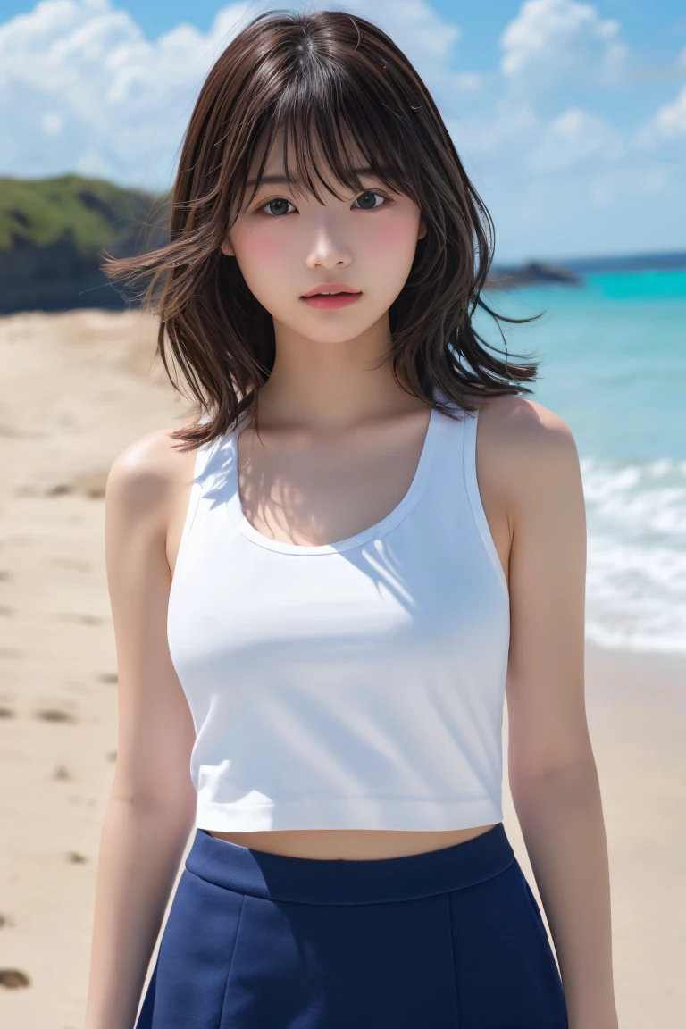 Highest quality, (beautiful)、Tank top、mini skirt、Close-up、Larger breasts、Brown Hair、looking at the camera、Beach、Embarrassed、Standing posture、Strong winds blowing