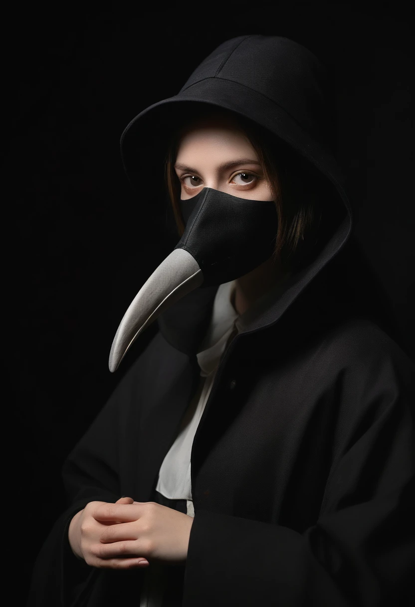  girl, close up, dark background , plague-doctor costume, randome pose