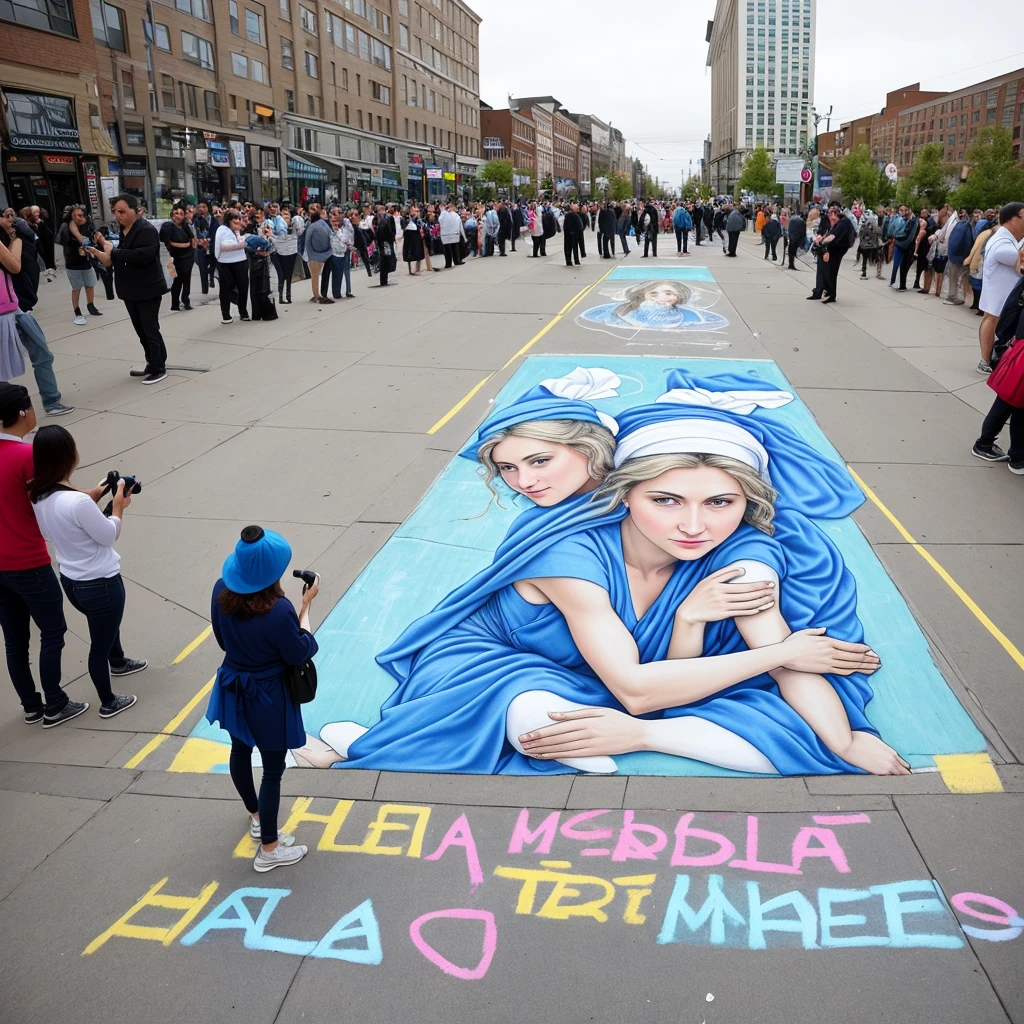 A photorealistic depiction of a street artist creating a sidewalk chalk mural of a Madonna and . The artist is hunched over their work, their hands deftly moving the chalks across the pavement. The Madonna is depicted in a flowing blue and white robe, holding a in her arms. The is dressed in white and has a halo above their head. The mural is surrounded by onlookers, some of whom are taking photos. The scene is set on a busy city street, with cars and pedestrians passing by.
