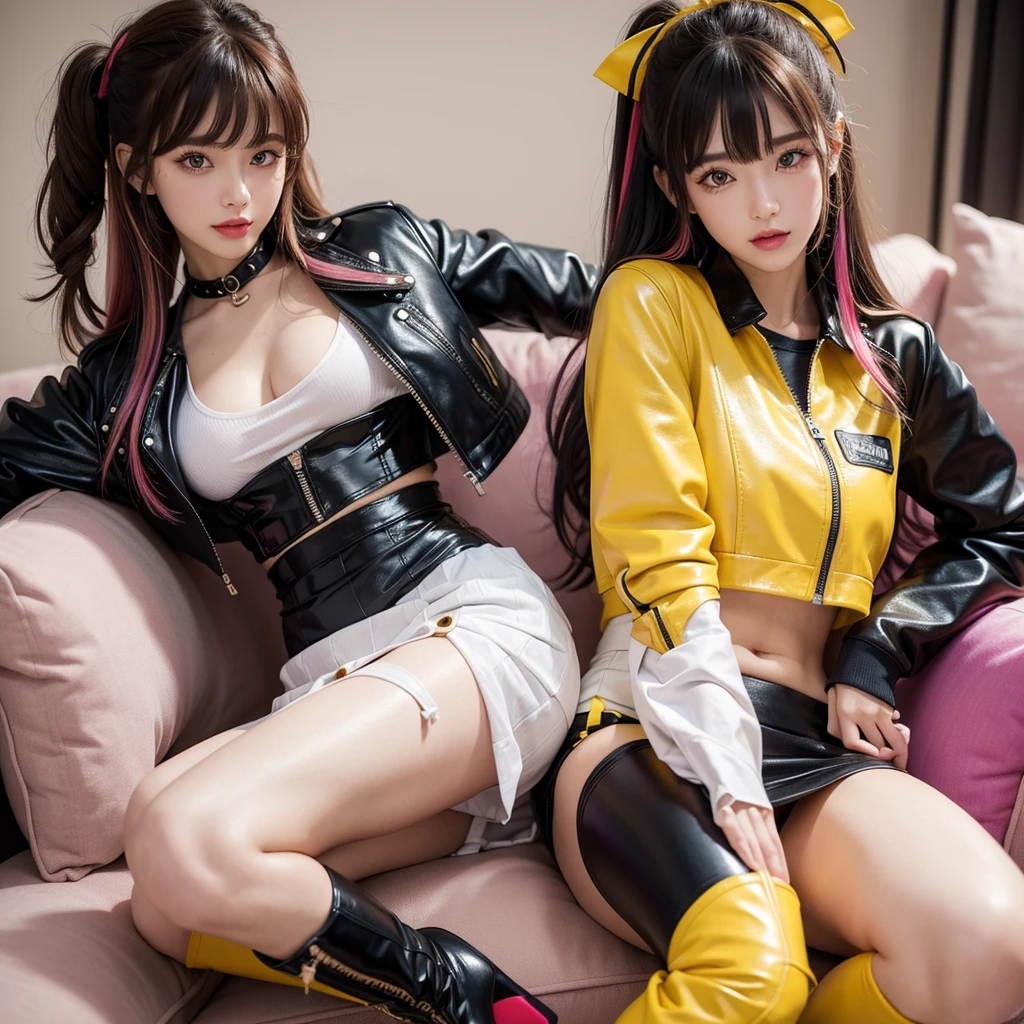 bangs down,beautiful girl,Maid clotheasterpiece,perfect face,perfect breasts,long hair,Colorful clothes,Outstanding style,stimulating,Cute outfits,Horny girl,double eyelid,Naughty Girls,Erotic and cute,mini skirt,ribbon on uniform,colorful hair color,yellow eyes,leather jacket,horny girl,Knee-high boots,
Colorful,multicoloured,future fashion,smile,,zipper bra,Multicolored clothing