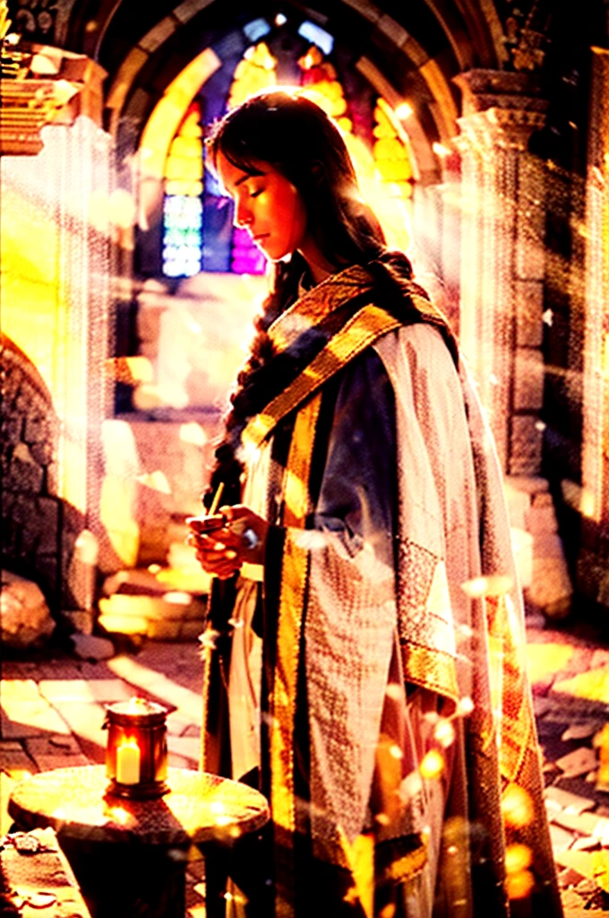 /imagine prompt: An illustration representing the theme of obedience and covenant with God, covenant symbols like an altar with a flame, the sanctuary in the desert, ceremonial purity, Moses in prayer, desert background, soft evening light, warm and golden colors, long shadows. Created using: Digital painting technique, 真实感, detailed brush strokes, lifelike textures, natural lighting, symbolic composition, soft contrasts, glibatree prompt --ar 16:9