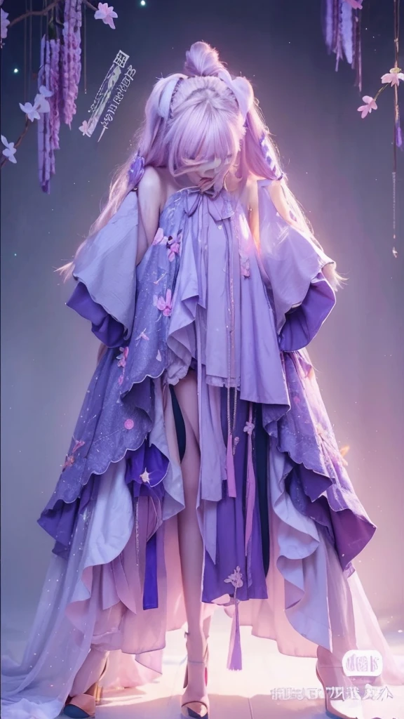 A woman wearing the clothes as described in the image and have the following features
Skintone : beige 2 . hair length: a little down from the shoulder. Hair color: purple and lilal. Clothes should be same as shown in picture. Eyes : korean anime beautiful eyes. Eyes Color:lilac . Korean lips. Lips color : light pink . Heels : lilac butterfly high heels. Beautiful hands and feet . Pink blushe cheeks . Beautiful korean anime nose . Light eyebrows. Eyebrows color: light brown . Long black beautiful eyelashes. Ears should be hidden because of the hair. Beautiful lilac nails long but not too much. Background : beautiful light green yellow and orange forest pastel colors