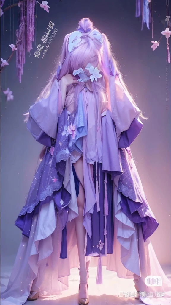 A woman wearing the clothes as described in the image and have the following features
Skintone : beige 2 . hair length: a little down from the shoulder. Hair color: purple and lilal. Clothes should be same as shown in picture. Eyes : korean anime beautiful eyes. Eyes Color:lilac . Korean lips. Lips color : light pink . Heels : lilac butterfly high heels. Beautiful hands and feet . Pink blushe cheeks . Beautiful korean anime nose . Light eyebrows. Eyebrows color: light brown . Long black beautiful eyelashes. Ears should be hidden because of the hair. Beautiful lilac nails long but not too much. Background : beautiful light green yellow and orange forest pastel colors 