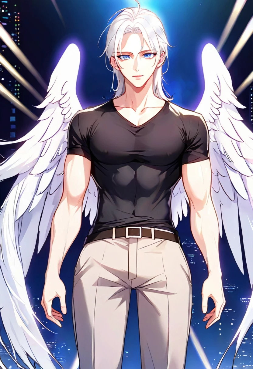 Style manhwa, tall man , V shape body , little muscles , tiny waist , black shirt , white hair , blue eyes , soft lips , angelic apparence , attractive man