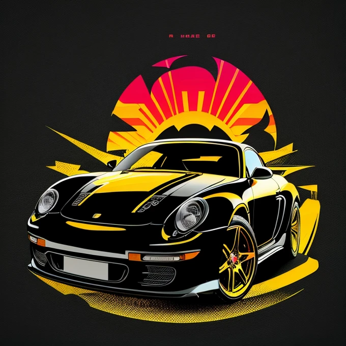 graphic design t-shirt, flat design, porche, two miami, colorful tones, clean highly detailed, vector image, photorealistic masterpiece, professional photograpy, realistic car, Simple sunrise background for car, flat black backdrop, isometric , bright vector ((black backdrop))
