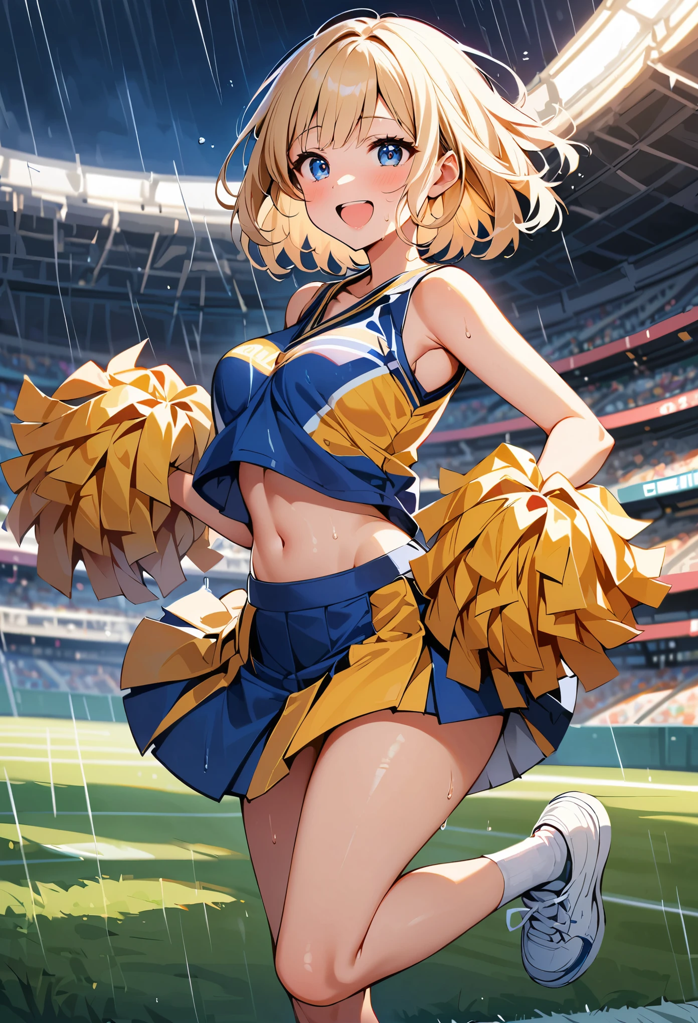 (in the rain:1.4)ダンスをするCheerleader:1.1, ((1 female)), erotic, Dance Motion, Full body view, joy, Excited, Sweat, Cheerleader, Fine and beautiful eyes, Beautiful lip detail, Highly detailed eyes and face, Long eyelashes, Calm expression, Soft lighting, Open atmosphere, Stadium, Sweatを流して.