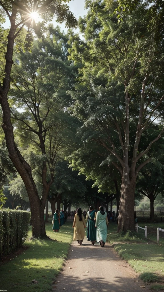 A green lushy ground, with tree on one side withbits branhes and leaves spreading all around, under the tree is a teacher teaching the students on black board, the students are in Pakistani conventional dress that is shalwar qameez, behind them are some professional young people leaving towards the shiny sun on a road, which shows they are successful