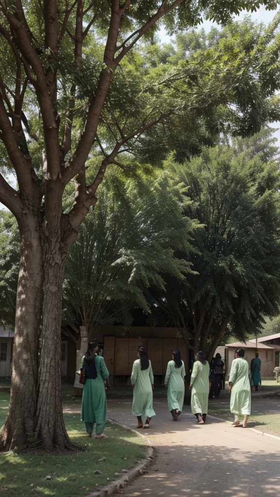 A green lushy ground, with tree on one side withbits branhes and leaves spreading all around, under the tree is a teacher teaching the students on black board, the students are in Pakistani conventional dress that is shalwar qameez, behind them are some professional young people leaving towards the shiny sun on a road, which shows they are successful