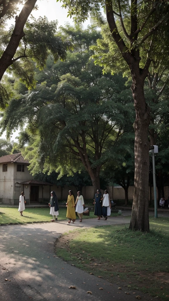 A green lushy ground, with tree on one side withbits branhes and leaves spreading all around, under the tree is a teacher teaching the students on black board, the students are in Pakistani conventional dress that is shalwar qameez, behind them are some professional young people leaving towards the shiny sun on a road, which shows they are successful 