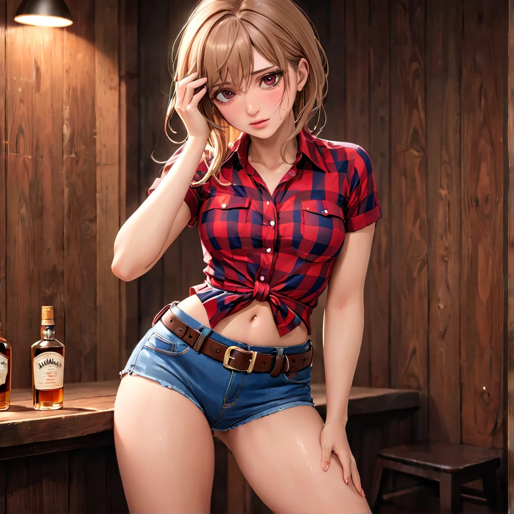 (((Being a single woman:2.0))),(((NSFW:0.5))),(((Wear denim hot pants:1.5))),(((Wear a red checked short-sleeved collared shirt:1.5))),(((Wear a gun belt with a holster:1.8))),,((Wear a watch on your wrist:1.5))),(((Exposed thin inner thighs))),(((Small breasts:1.5))),(((Navel exposed:1.5))),(((Bare arms))),(((Put on your boots:1.5))),((Blushed:1.8)), Beautiful detailed girl, Very detailed目と顔, 緻密でBeautiful Eyes, Very detailed, High resolution, Highest quality, masterpiece, Very detailed, 8k wallpaper, wonderful, finely, Highest quality,(Standing in front of a wooden wall),Beautiful Eyes,((Engage your audience:1.2))),((Drinking whiskey:1.0)),(((Drunk,Hiccups don't stop:1.6))),(((Crying face:1.3))),(((Touch your chest with your left hand:1.2)))