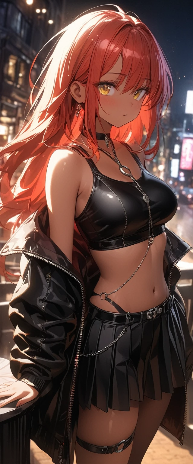 table top, highest quality,figure, wallpaper, Super detailed, absurd, 1 girl, alone, ( short red hair, tan skin, yellow eyes), detailed and beautiful eyes , (street:1.3), hair blowing in the wind,(panoramic view:1.3),(sense of depth:1.5),(long shot:1.3) girl standing on balcony looking at the city at night, wearing open sexy clothes, black skirt, Black stockings, oversized jacket, chest harness, black shirt, crop top, skirt, Shoes, O-Ring, midriff, off shoulder, medium breasts, thigh strap, pleated skirt (skirt blowing in the wind) looking up at the sky, ignoring camera (3/4 view) at night,fancy,dark\), BREAK ,quality\(8k,wallpaper of extremely detailed CG unit, ​masterpiece,hight resolution,top-quality,top-quality real texture skin,hyper realisitic,increase the resolution,RAW photos,best qualtiy,highly detailed,the wallpaper,cinematic lighting,ray trace,golden ratio\),(dynamic angle)