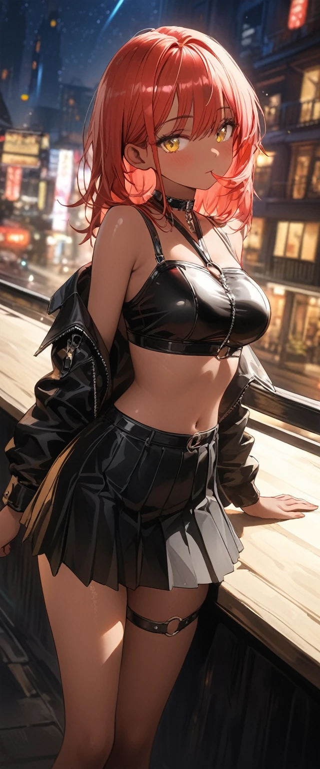 table top, highest quality,figure, wallpaper, Super detailed, absurd, 1 girl, alone, ( short red hair, tan skin, yellow eyes), detailed and beautiful eyes , (street:1.3), hair blowing in the wind,(panoramic view:1.3),(sense of depth:1.5),(long shot:1.3) girl standing on balcony looking at the city at night, wearing open sexy clothes, black skirt, Black stockings, oversized jacket, chest harness, black shirt, crop top, skirt, Shoes, O-Ring, midriff, off shoulder, medium breasts, thigh strap, pleated skirt (skirt blowing in the wind) looking up at the sky, ignoring camera (3/4 view) at night,fancy,dark\), BREAK ,quality\(8k,wallpaper of extremely detailed CG unit, masterpiece,hight resolution,top-quality,top-quality real texture skin,hyper realisitic,increase the resolution,RAW photos,best qualtiy,highly detailed,the wallpaper,cinematic lighting,ray trace,golden ratio\),(dynamic angle)