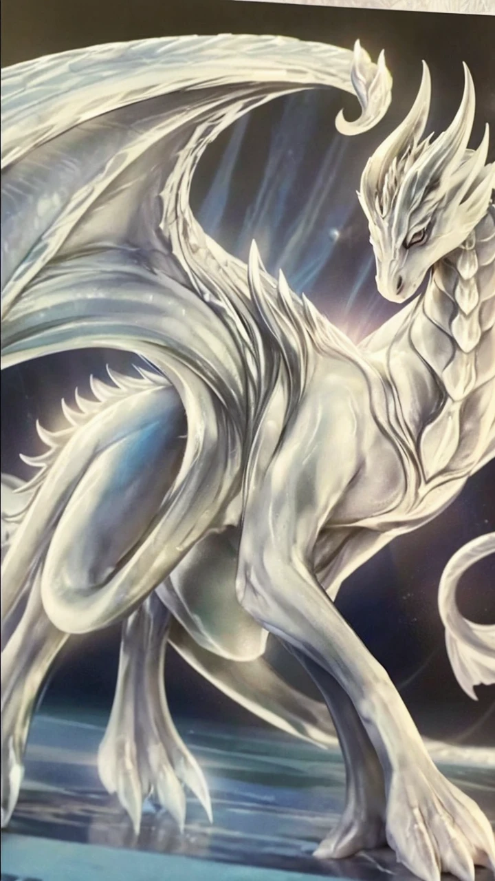 crystalline white dragon with friendly and soft features with a circle of silver energy between the two white horns and paws with sacred geometry shining in sky blue 