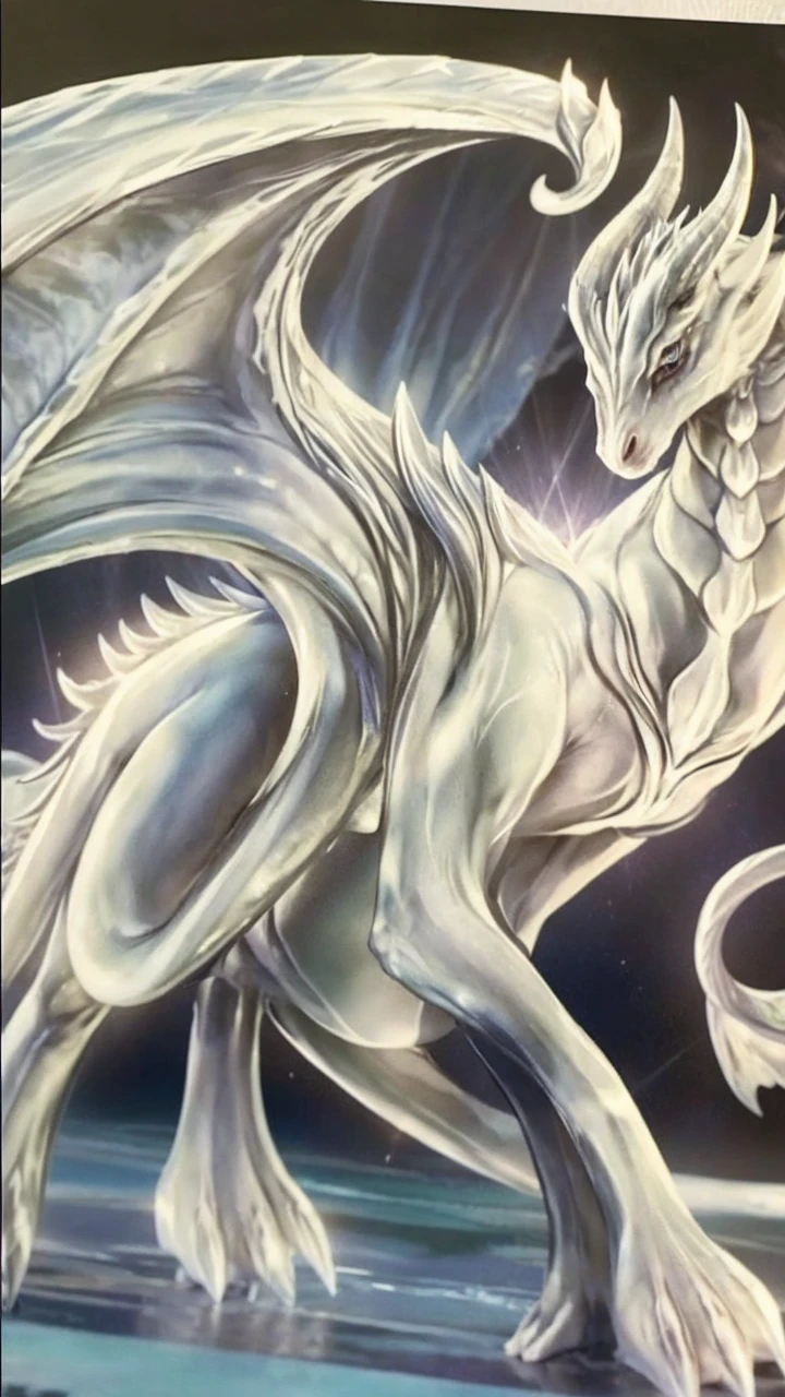 crystalline white dragon with friendly and soft features with a circle of silver energy between the two white horns and paws with sacred geometry shining in sky blue 